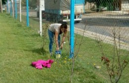 Promotoras comunitarias pintan la cancha de hockey del Club Argentino